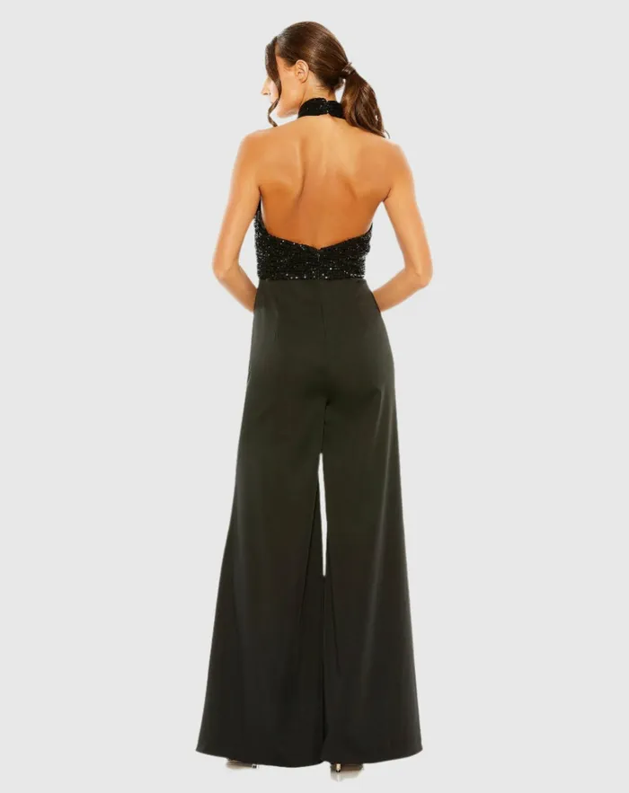Women Mac Duggal Sequined Cross Neck Halter Jumpsuit Black Jumpsuits and Rompers
