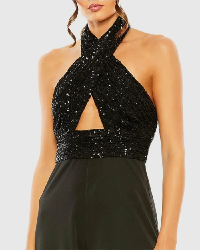 Women Mac Duggal Sequined Cross Neck Halter Jumpsuit Black Jumpsuits and Rompers
