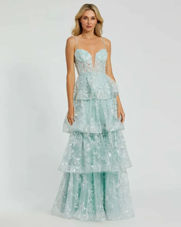 Women Mac Duggal Spaghetti Strap Applique Tiered Ruffle Gown Mint Evening Gowns