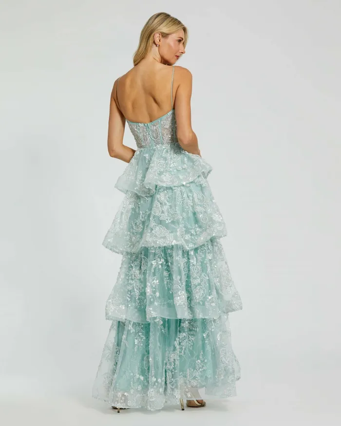 Women Mac Duggal Spaghetti Strap Applique Tiered Ruffle Gown Mint Evening Gowns