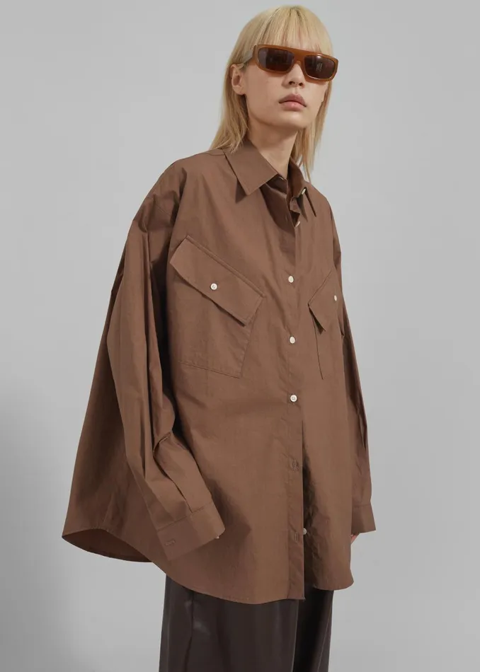 Women Marin Button Up Utility Shirt 8211 Brown The Frankie Shop Tops