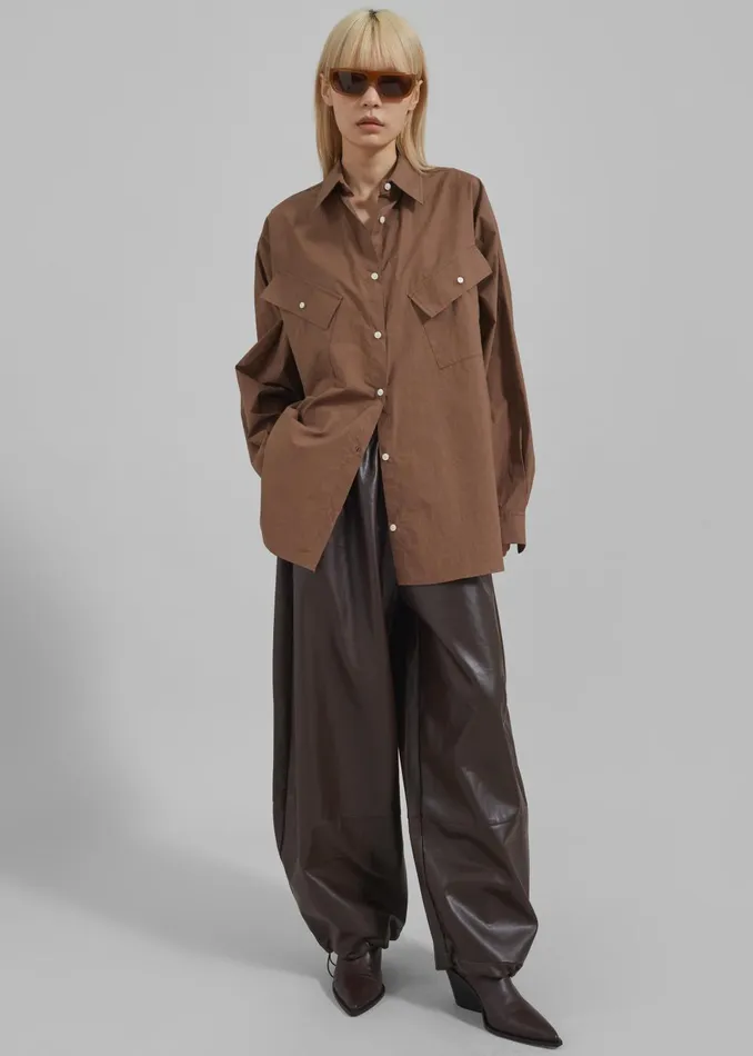 Women Marin Button Up Utility Shirt 8211 Brown The Frankie Shop Tops