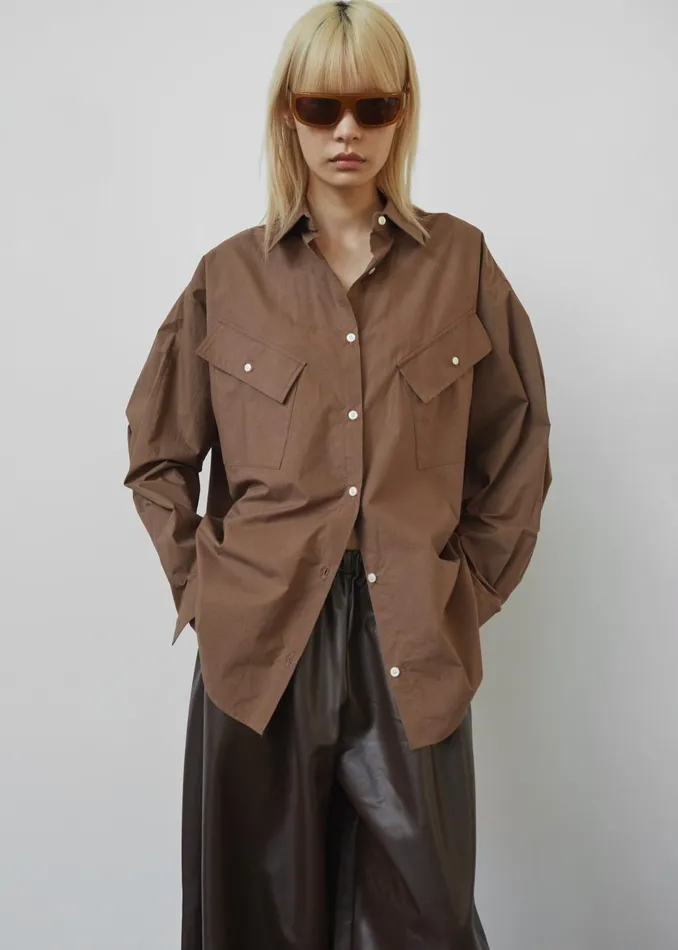 Women Marin Button Up Utility Shirt 8211 Brown The Frankie Shop Tops