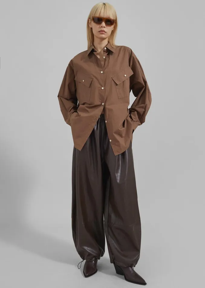 Women Marin Button Up Utility Shirt 8211 Brown The Frankie Shop Tops