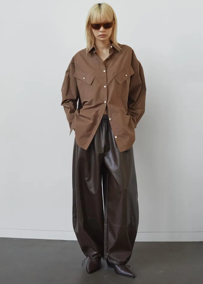 Women Marin Button Up Utility Shirt 8211 Brown The Frankie Shop Tops