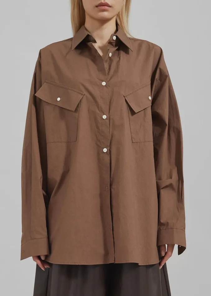 Women Marin Button Up Utility Shirt 8211 Brown The Frankie Shop Tops