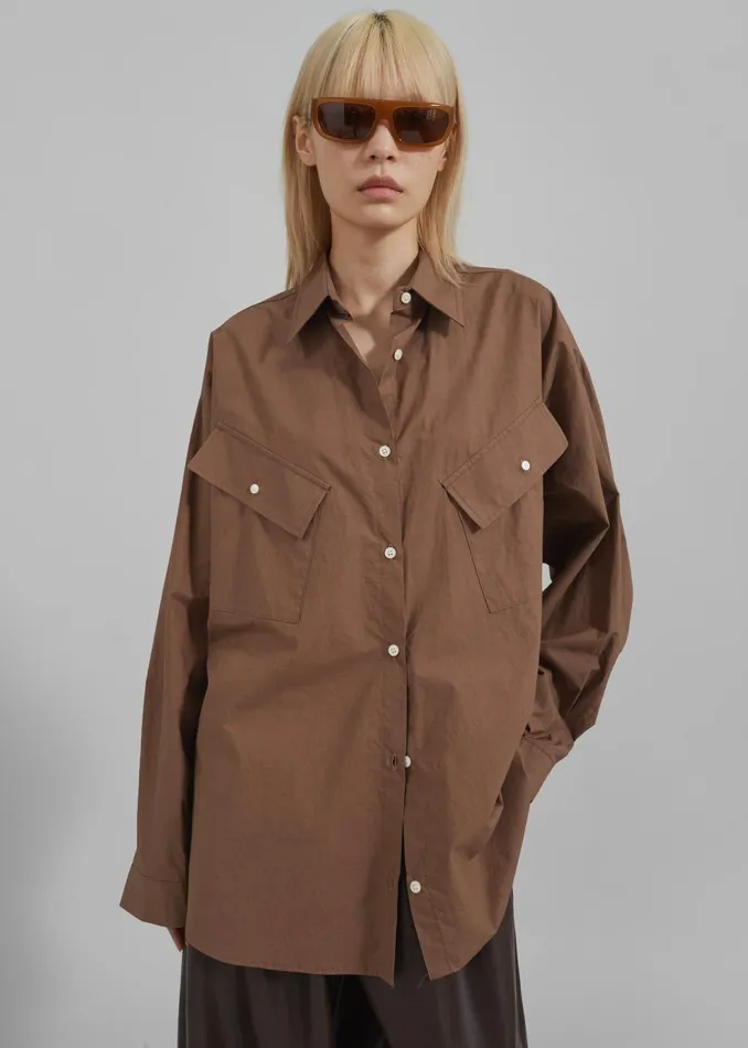 Women Marin Button Up Utility Shirt 8211 Brown The Frankie Shop Tops