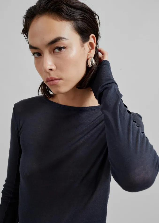 Women Mesa Sheer Long Sleeve Tee 8211 Navy The Frankie Shop Tops