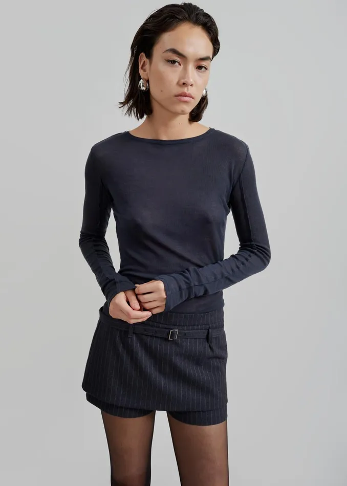 Women Mesa Sheer Long Sleeve Tee 8211 Navy The Frankie Shop Tops