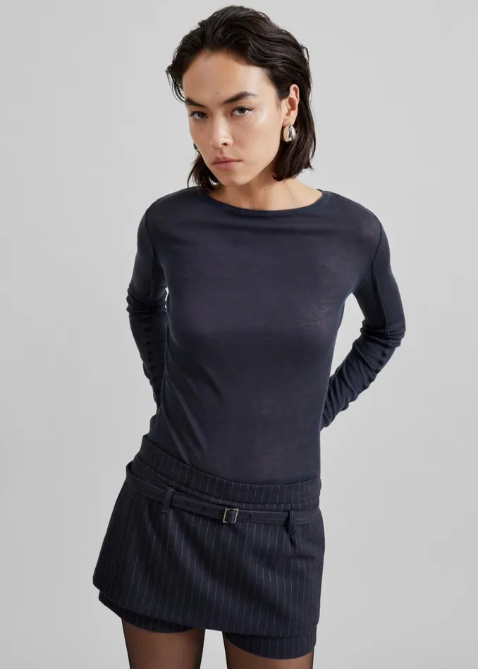 Women Mesa Sheer Long Sleeve Tee 8211 Navy The Frankie Shop Tops