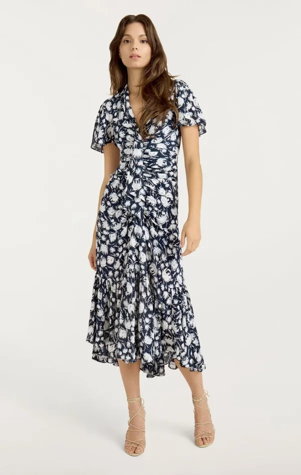 Women Midi Cinq Sept Graphic Floral Peeta Dress Navyivory