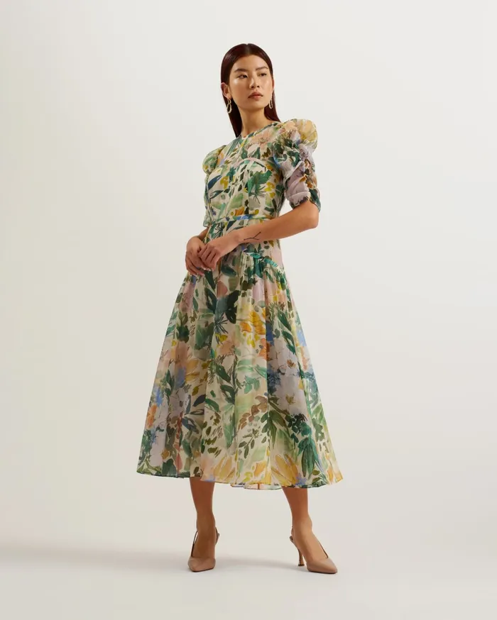 Women MINCIA 8211 Printed Puff Sleeve ALine Midi Dress Ivory Ted Baker Dresses