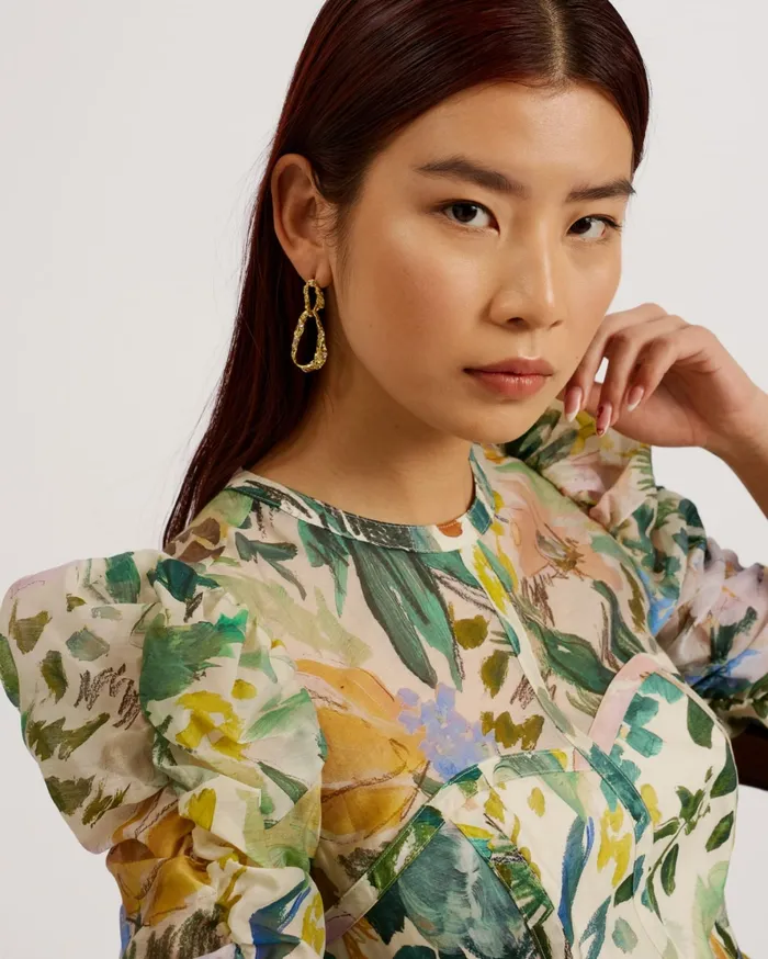 Women MINCIA 8211 Printed Puff Sleeve ALine Midi Dress Ivory Ted Baker Dresses