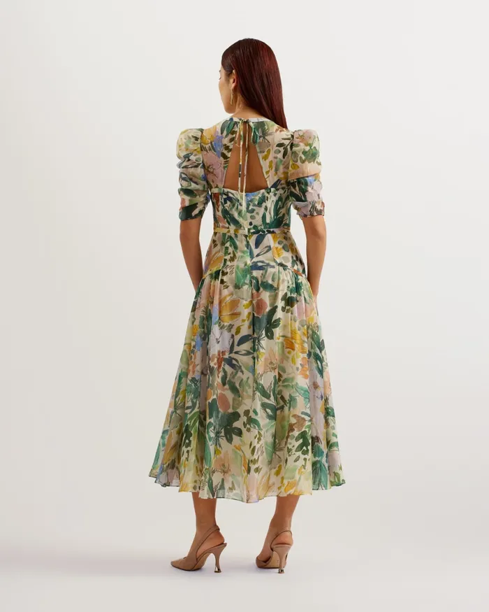 Women MINCIA 8211 Printed Puff Sleeve ALine Midi Dress Ivory Ted Baker Dresses