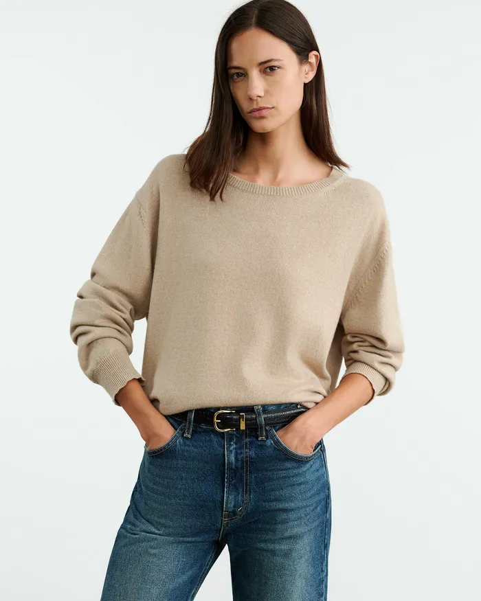 Women Nili Lotan AMARI SWEATER Beige Melange Knits and Sweaters