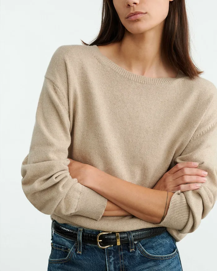 Women Nili Lotan AMARI SWEATER Beige Melange Knits and Sweaters