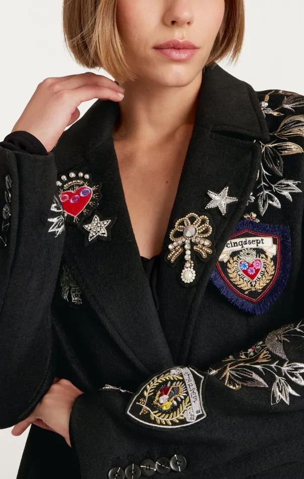 Women Outerwear Cinq Sept Heritage Patch Gravis Coat Black Multi