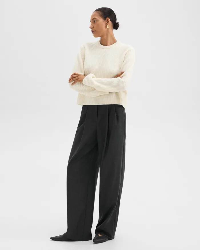 Women Pants Theory Double Pleat Pant In Sleek Flannel New Charcoal Melange