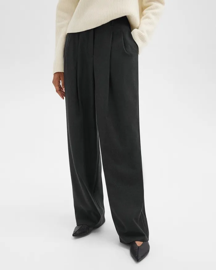 Women Pants Theory Double Pleat Pant In Sleek Flannel New Charcoal Melange