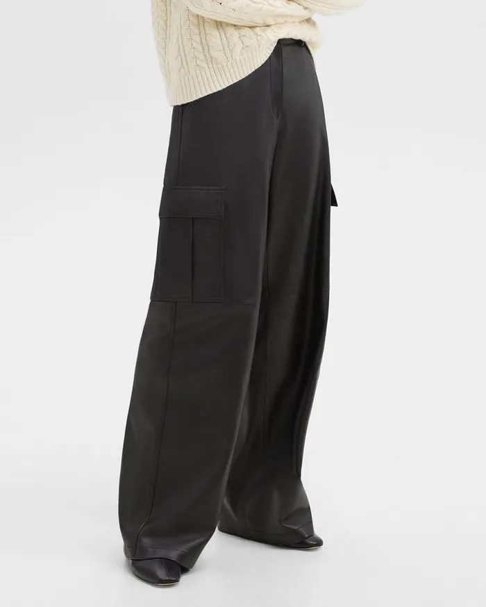 Women Pants Theory WideLeg Cargo Pant In Leather Black