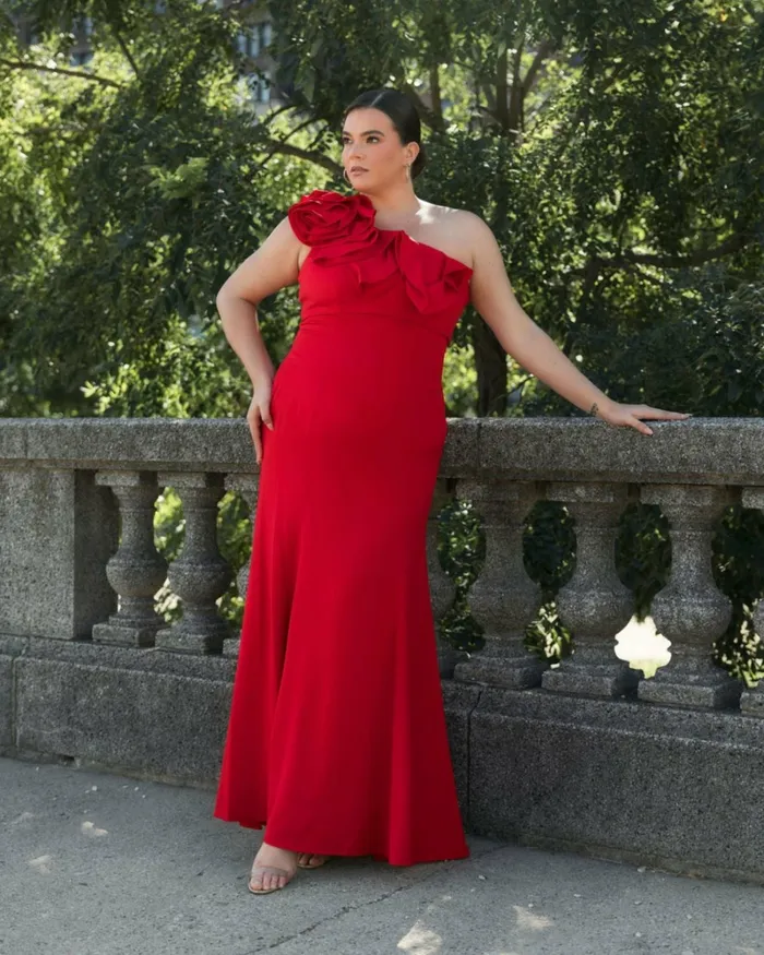 Women Plus Size Dresses Mac Duggal One Shoulder Ruffle Detailed Gown Plus Red