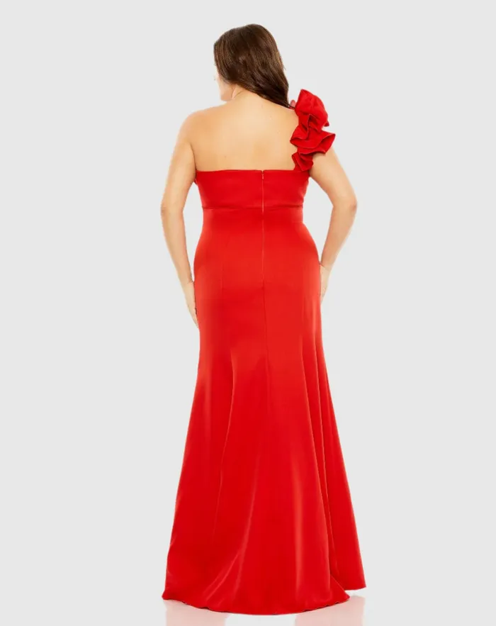 Women Plus Size Dresses Mac Duggal One Shoulder Ruffle Detailed Gown Plus Red