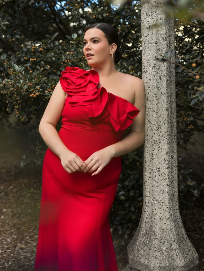 Women Plus Size Dresses Mac Duggal One Shoulder Ruffle Detailed Gown Plus Red