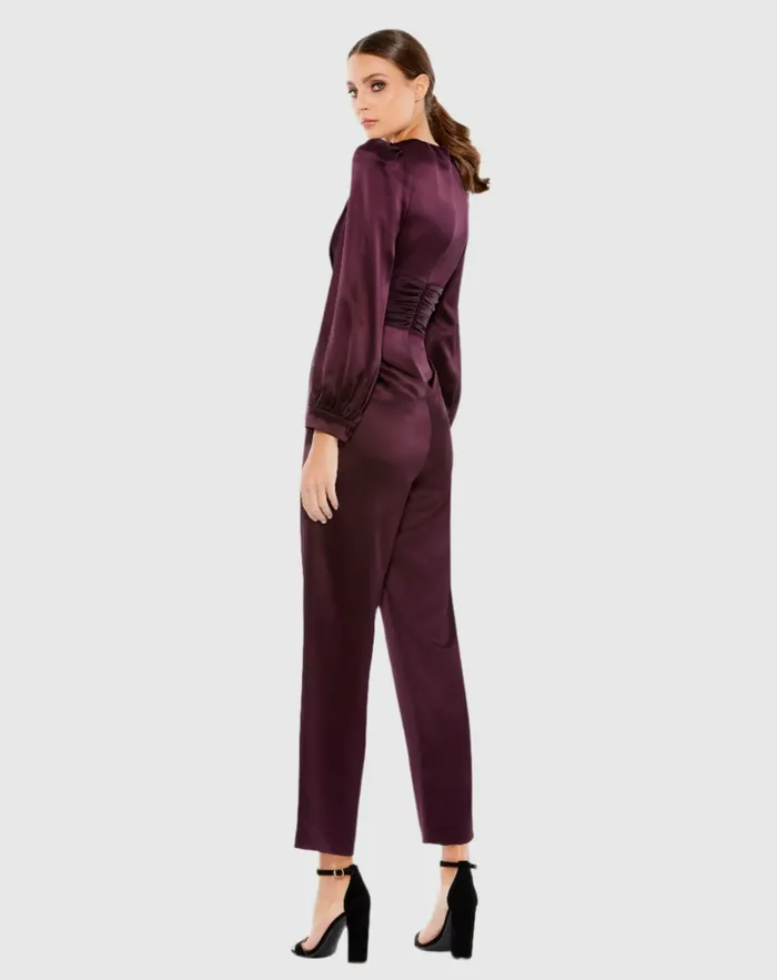 Women Purple Front Twist Puff Sleeve Deep V Jumpsuit Plum Jumpsuits and Rompers Mac Duggal
