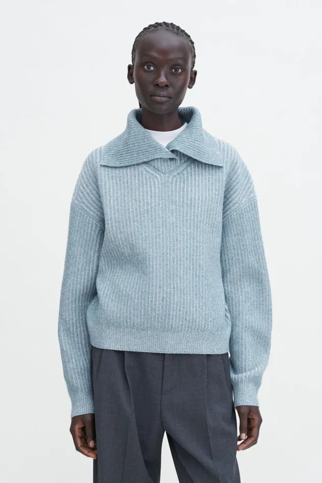 Women Ribbed Collar Sweater Teal Bluewhite Filippa K Knitwear