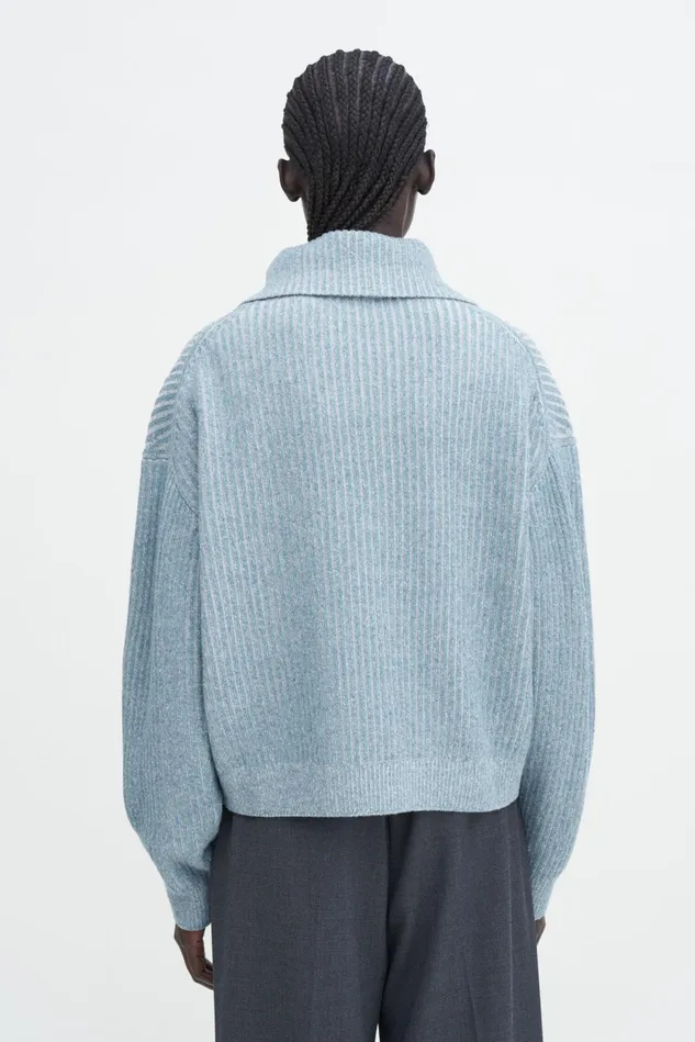 Women Ribbed Collar Sweater Teal Bluewhite Filippa K Knitwear