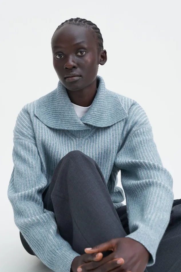 Women Ribbed Collar Sweater Teal Bluewhite Filippa K Knitwear