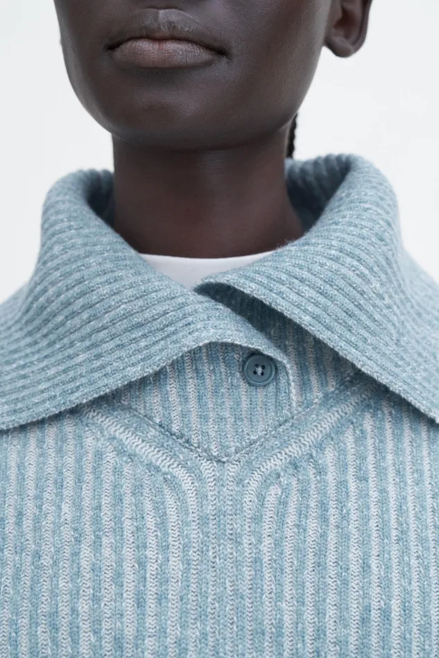 Women Ribbed Collar Sweater Teal Bluewhite Filippa K Knitwear