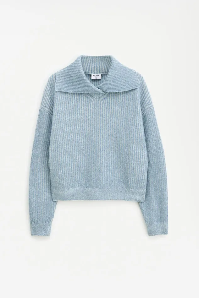 Women Ribbed Collar Sweater Teal Bluewhite Filippa K Knitwear