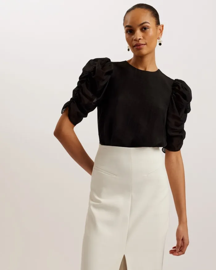 Women SACHIKO 8211 Short Puff Sleeve Organza Top Black Ted Baker Tops and Blouses