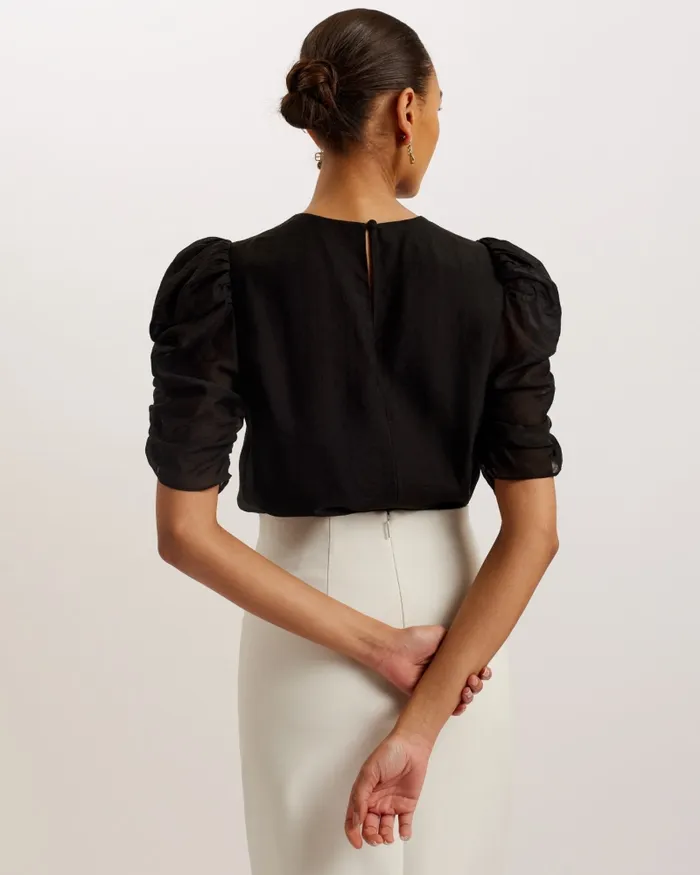 Women SACHIKO 8211 Short Puff Sleeve Organza Top Black Ted Baker Tops and Blouses