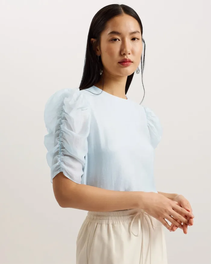 Women SACHIKO 8211 Short Puff Sleeve Organza Top Light Blue Ted Baker Tops and Blouses