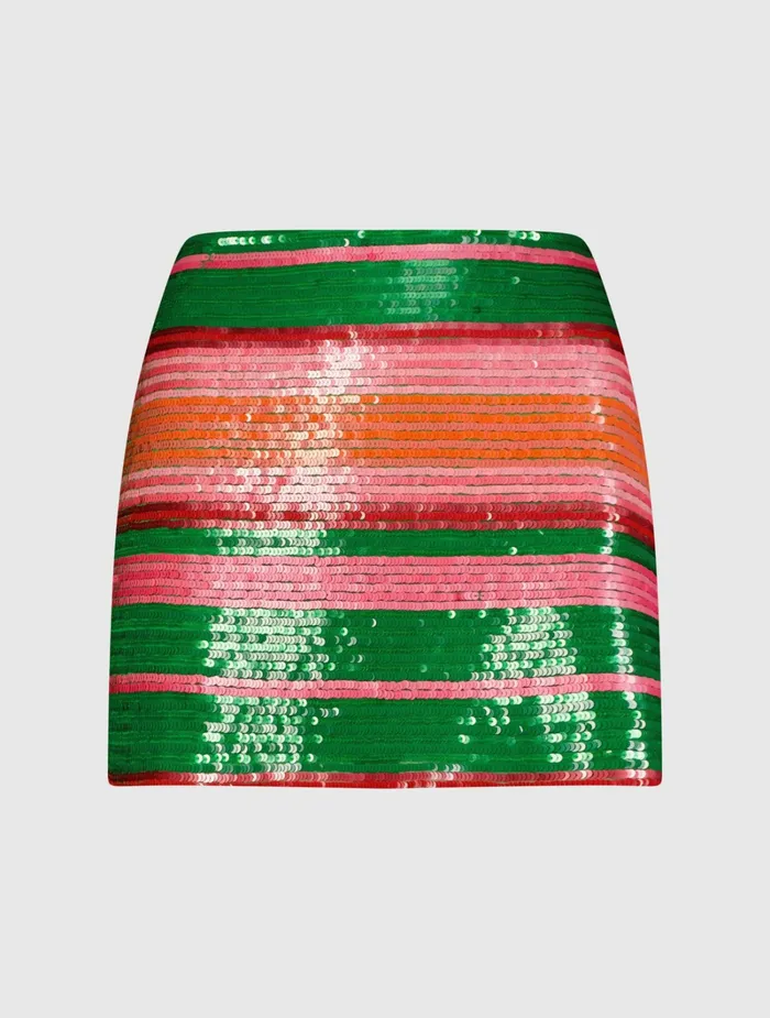 Women Sequin Striped Mini Skirt 8211 FINAL SALE Spring Green Multi Skirts Mac Duggal