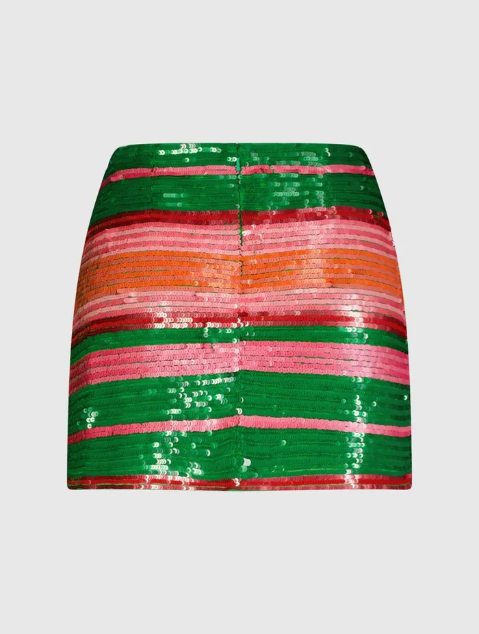 Women Sequin Striped Mini Skirt 8211 FINAL SALE Spring Green Multi Skirts Mac Duggal