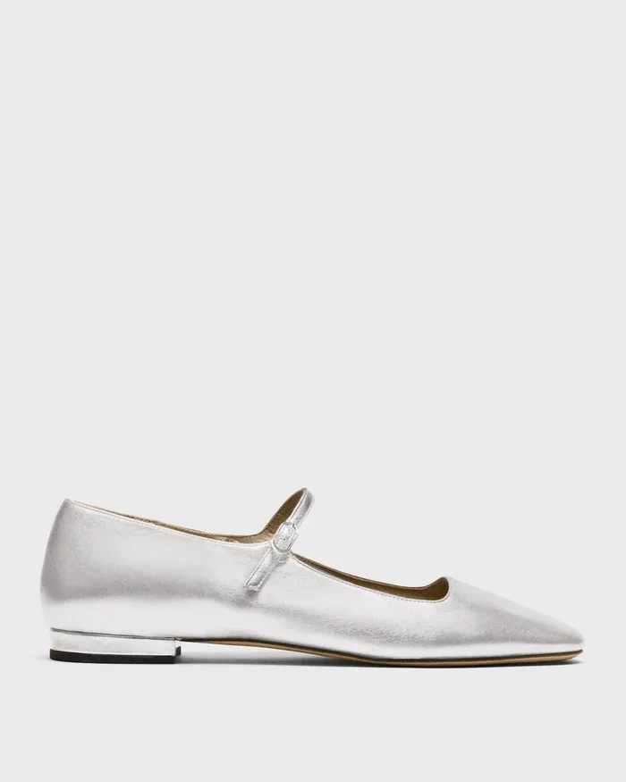 Women Shoes Theory Mary Jane Ballerina Flat In Metallic Leather Silver