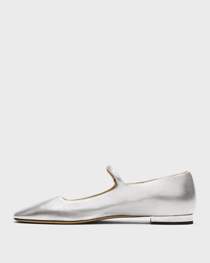 Women Shoes Theory Mary Jane Ballerina Flat In Metallic Leather Silver