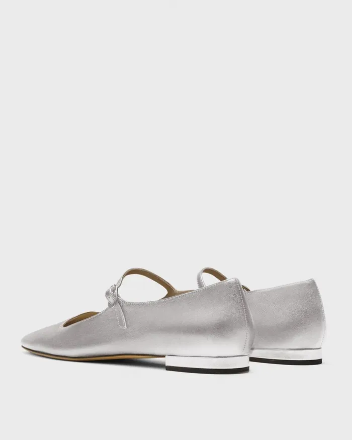 Women Shoes Theory Mary Jane Ballerina Flat In Metallic Leather Silver