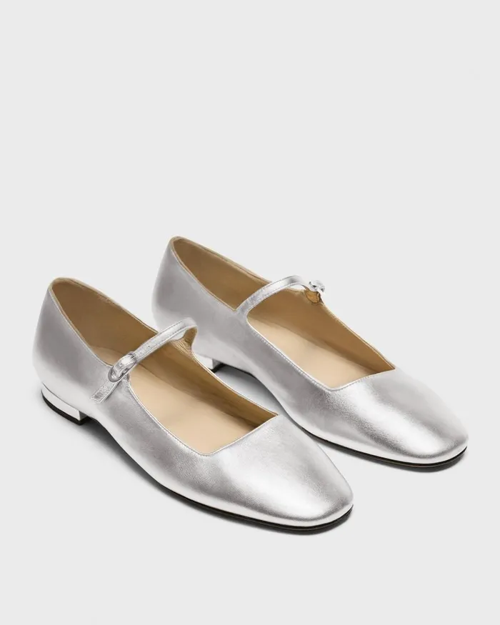 Women Shoes Theory Mary Jane Ballerina Flat In Metallic Leather Silver