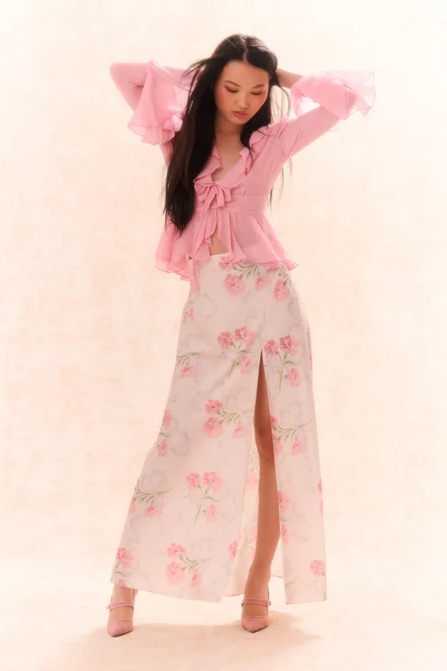 Women Skirts LoveShackFancy Connie Silk Floral Maxi Skirt Porcelain