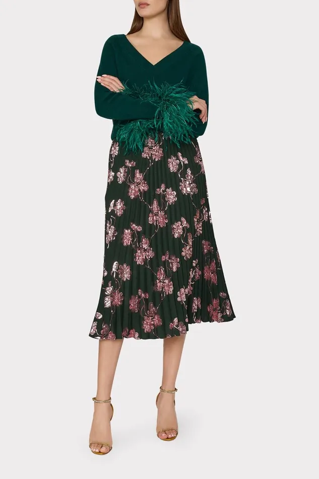 Women Skirts Milly Rayla Pleated Floral Sequins Skirt Dark Greenpink