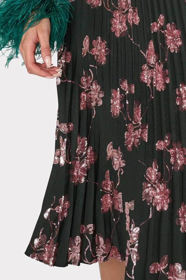 Women Skirts Milly Rayla Pleated Floral Sequins Skirt Dark Greenpink