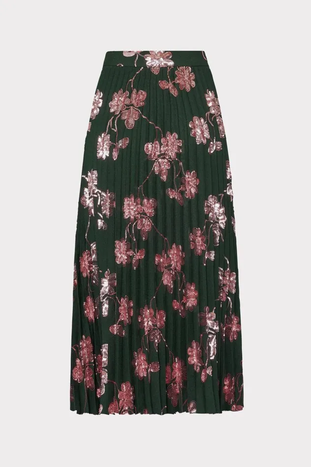 Women Skirts Milly Rayla Pleated Floral Sequins Skirt Dark Greenpink