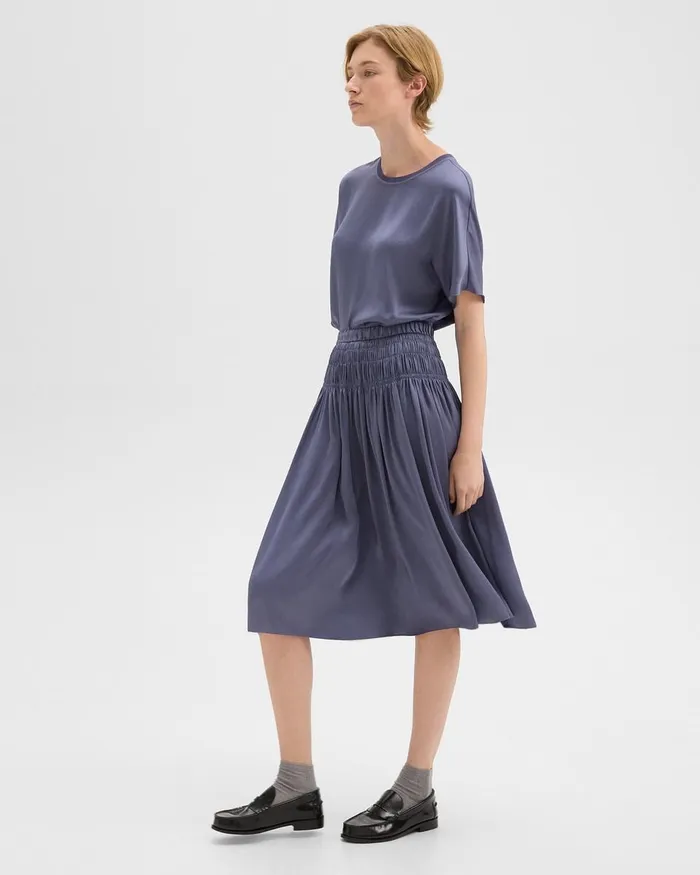 Women Skirts Theory Gathered Midi Skirt In Recycled Satin Aged Sapphire