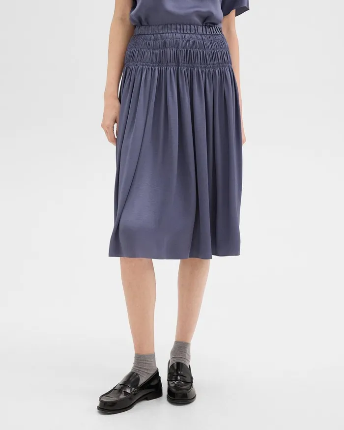Women Skirts Theory Gathered Midi Skirt In Recycled Satin Aged Sapphire