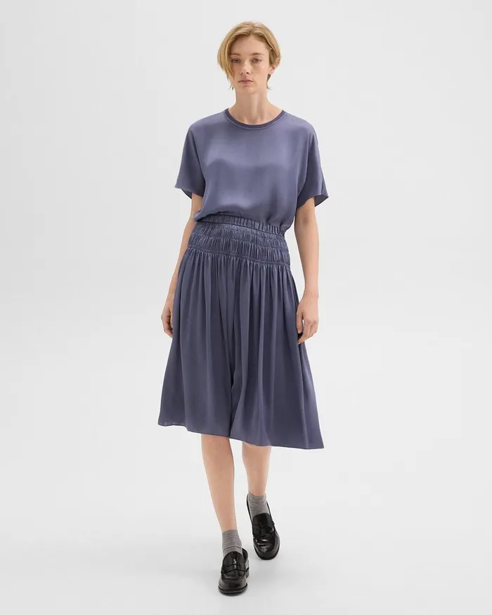 Women Skirts Theory Gathered Midi Skirt In Recycled Satin Aged Sapphire