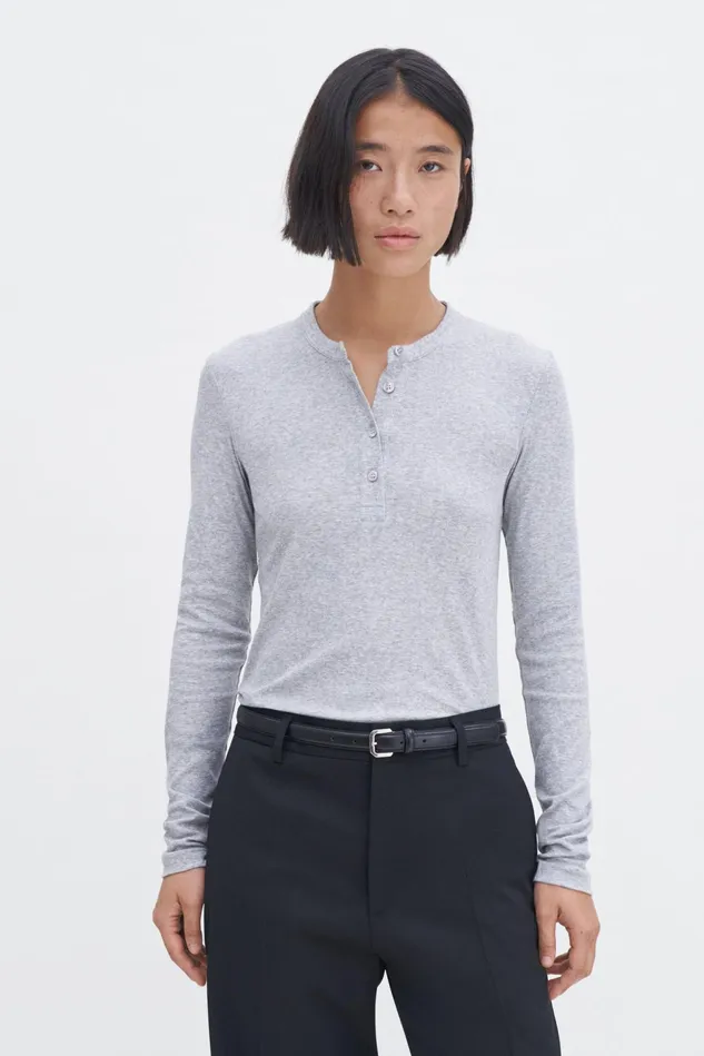 Women Soft Rib Henley Light Grey Melange Filippa K Tops